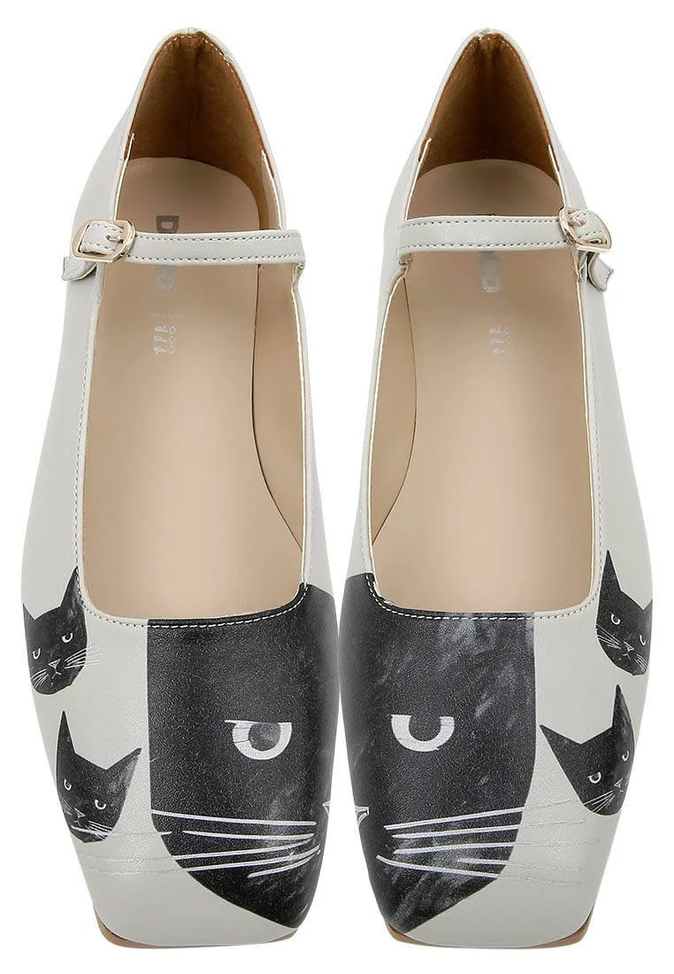 Women Vegan Leather Gray Ballerinas - The Many Faces of a Cat Design