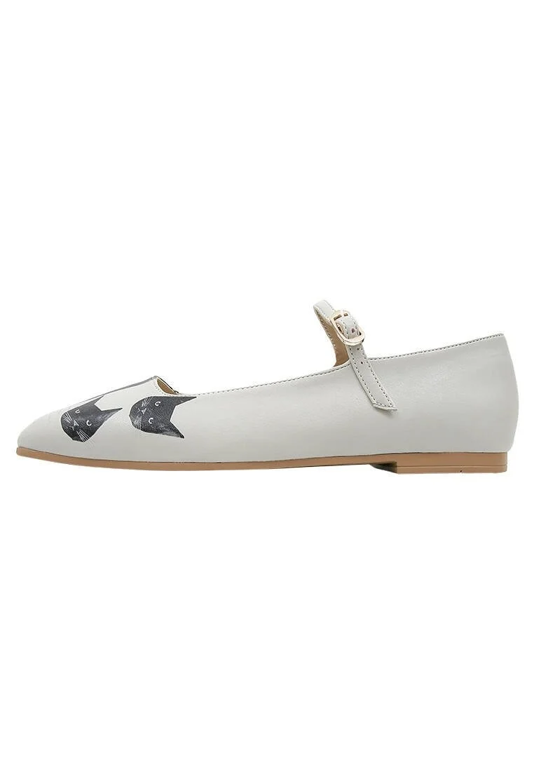 Women Vegan Leather Gray Ballerinas - The Many Faces of a Cat Design