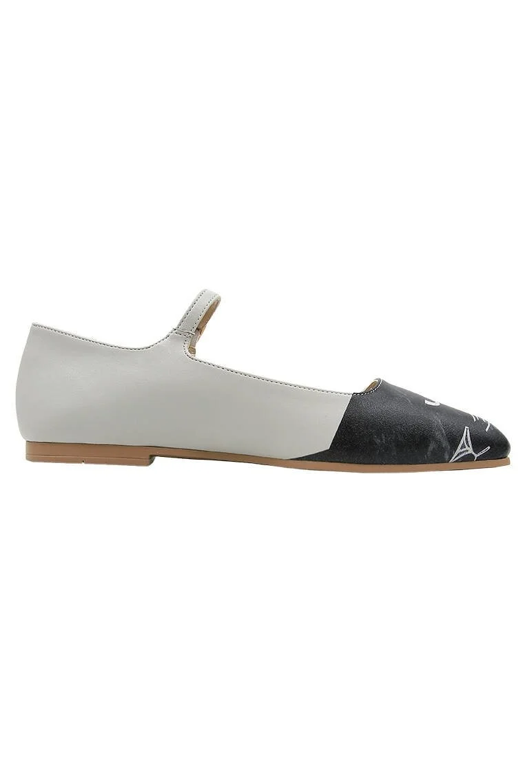 Women Vegan Leather Gray Ballerinas - The Many Faces of a Cat Design