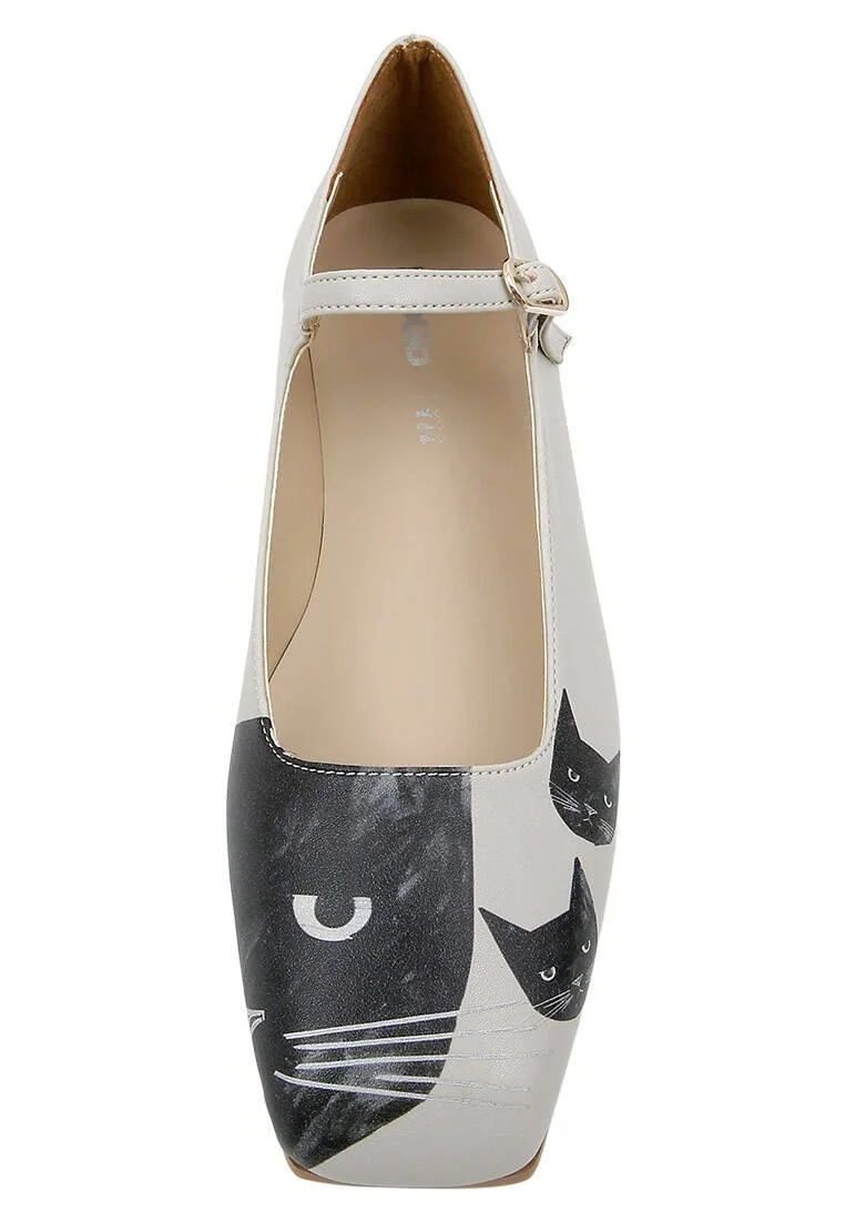 Women Vegan Leather Gray Ballerinas - The Many Faces of a Cat Design