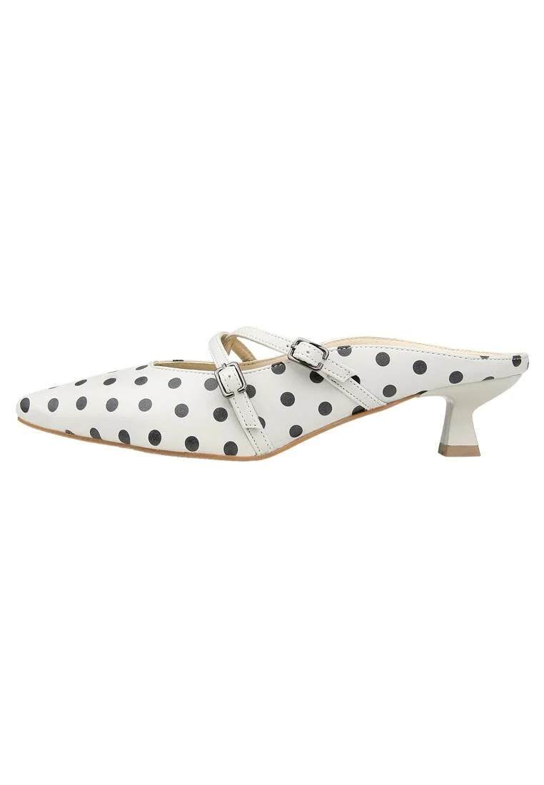 Women Vegan Leather Gray Heeled Sandals - Polka Dots Design
