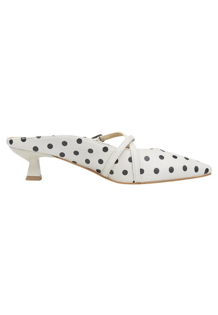 Women Vegan Leather Gray Heeled Sandals - Polka Dots Design
