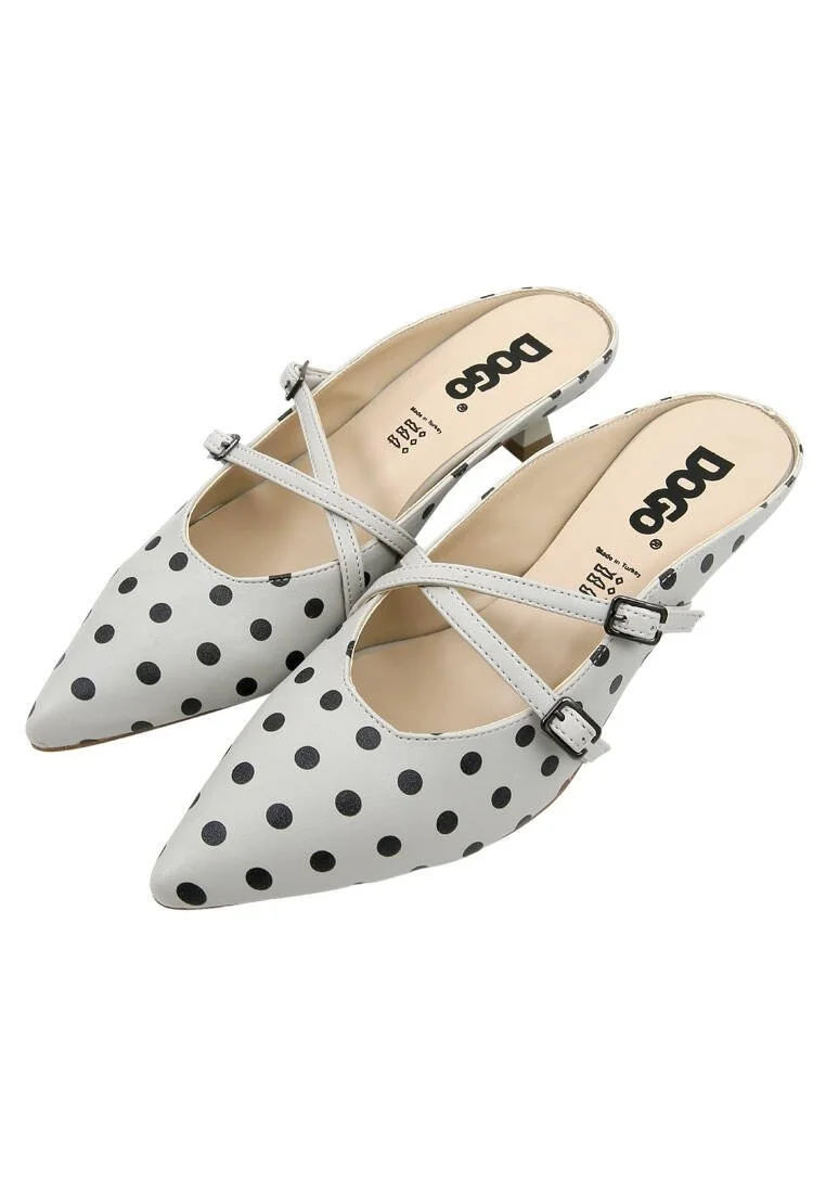 Women Vegan Leather Gray Heeled Sandals - Polka Dots Design