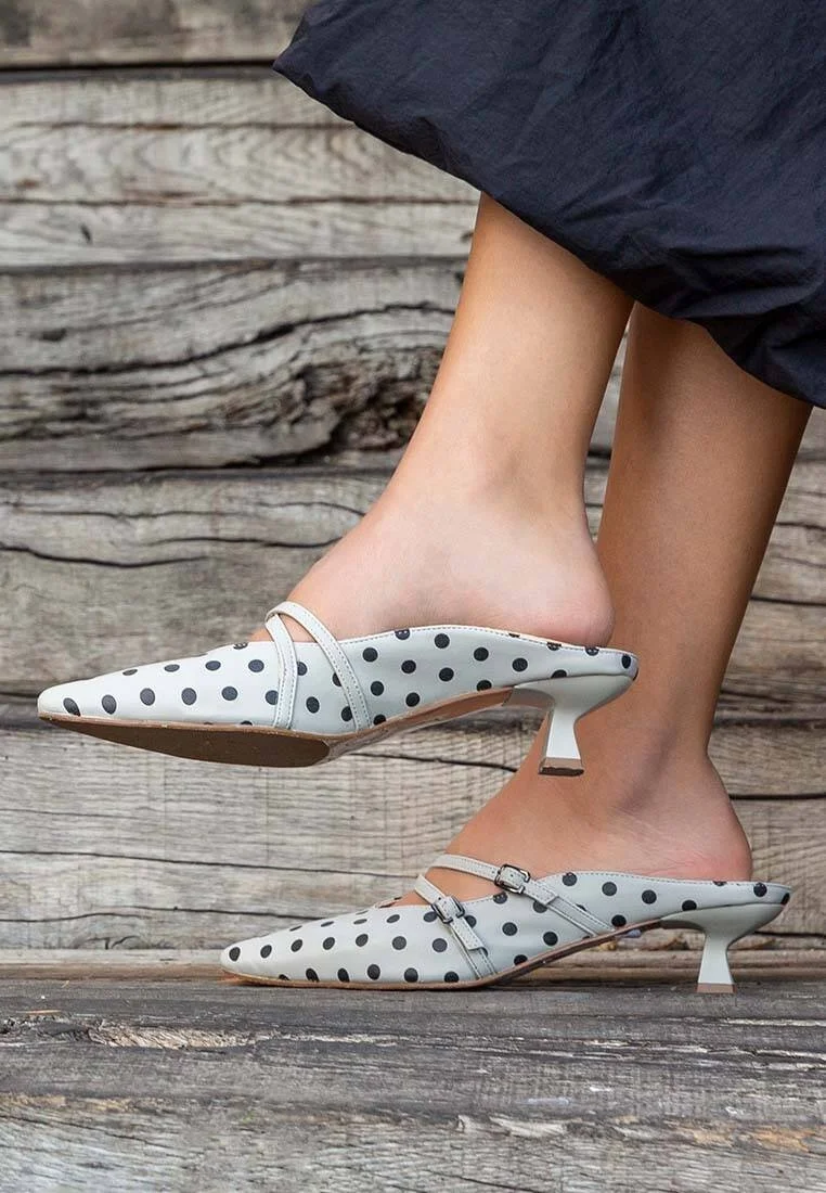 Women Vegan Leather Gray Heeled Sandals - Polka Dots Design