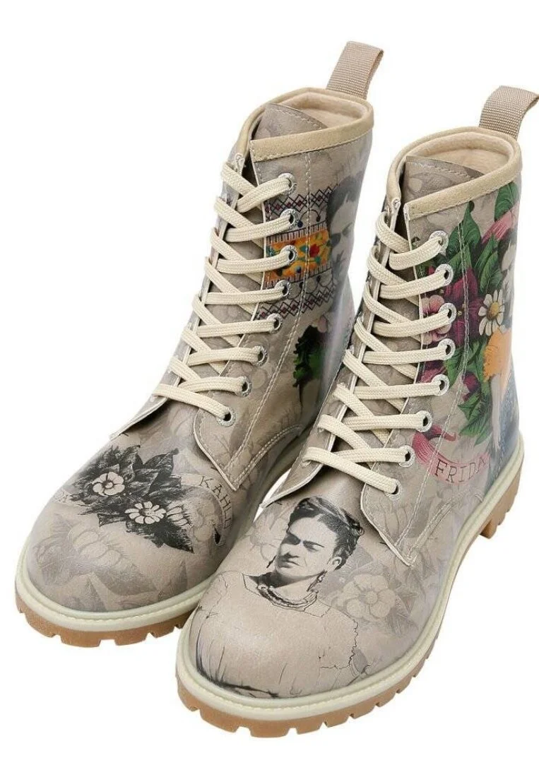 Women Vegan Leather Gray Long Boots - A Flower From The Past Frida Kahlo Design