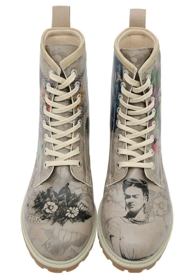 Women Vegan Leather Gray Long Boots - A Flower From The Past Frida Kahlo Design