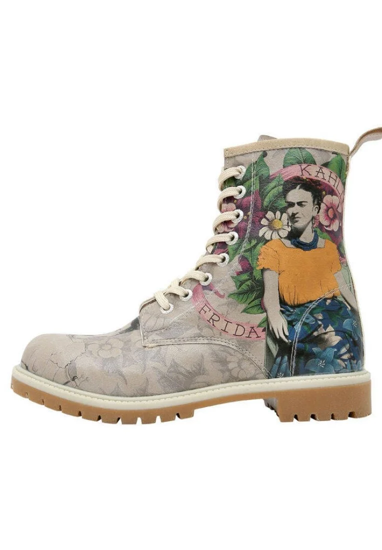 Women Vegan Leather Gray Long Boots - A Flower From The Past Frida Kahlo Design