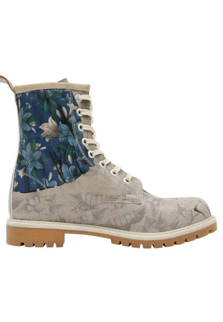 Women Vegan Leather Gray Long Boots - A Flower From The Past Frida Kahlo Design