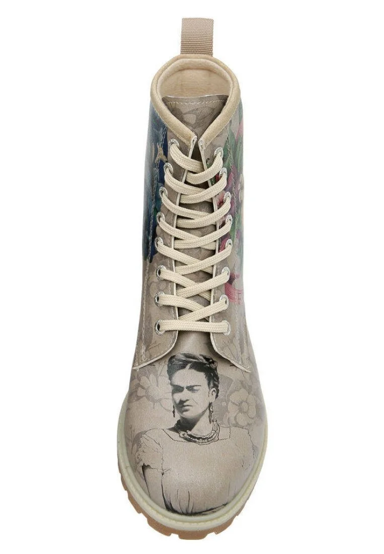 Women Vegan Leather Gray Long Boots - A Flower From The Past Frida Kahlo Design