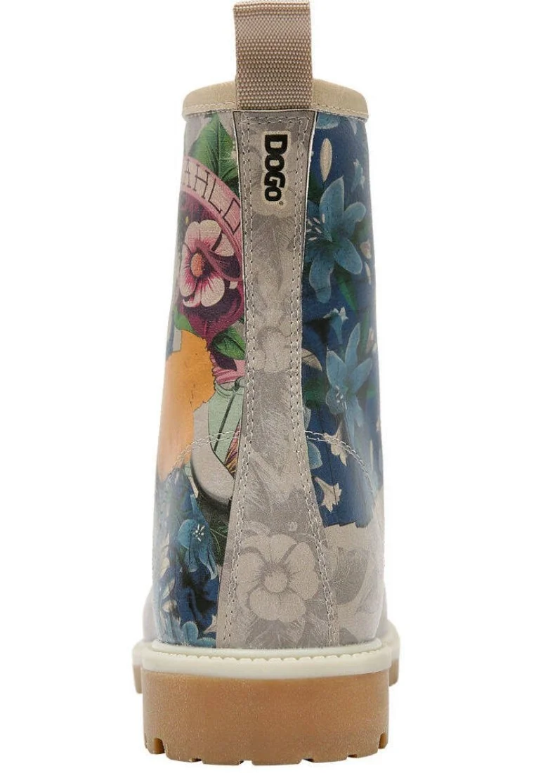 Women Vegan Leather Gray Long Boots - A Flower From The Past Frida Kahlo Design