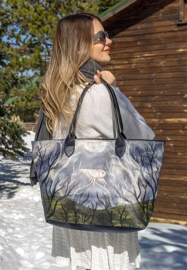 Women Vegan Leather Gray Shoulder Bag - The Night is Dark Design