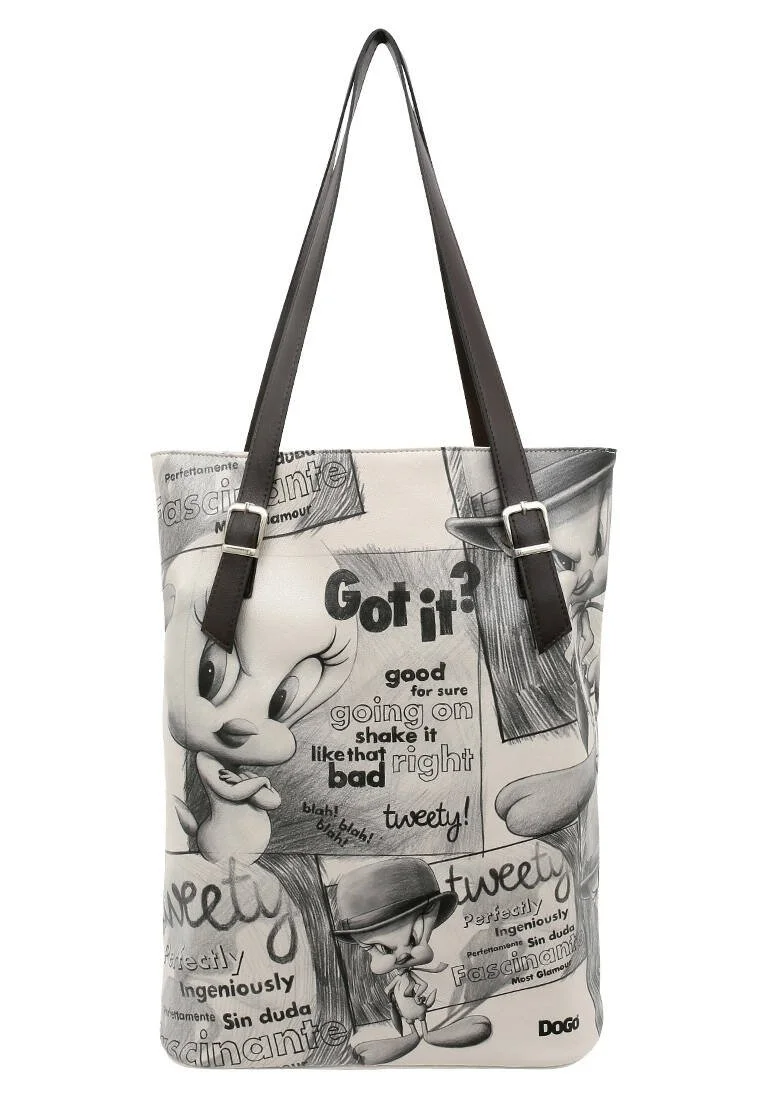 Women Vegan Leather Gray Shoulder Bag - Warner Bros Tweety Sketch Design