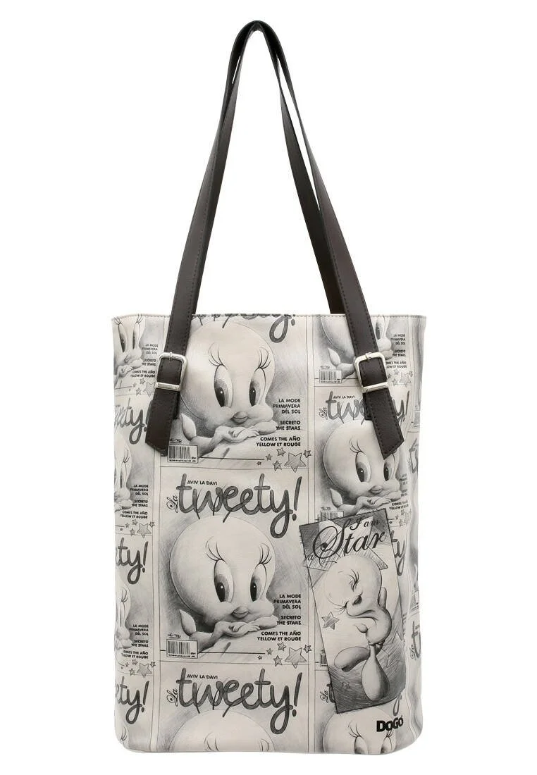 Women Vegan Leather Gray Shoulder Bag - Warner Bros Tweety Sketch Design