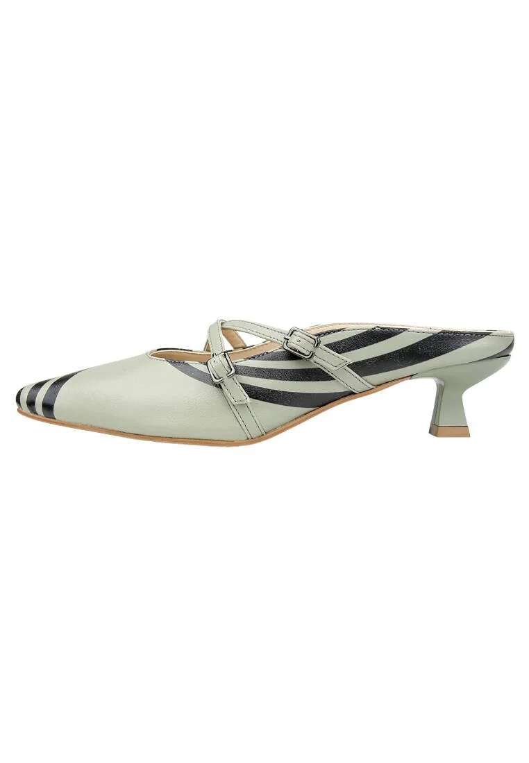 Women Vegan Leather Green Heeled Sandals - Zig Zag Design