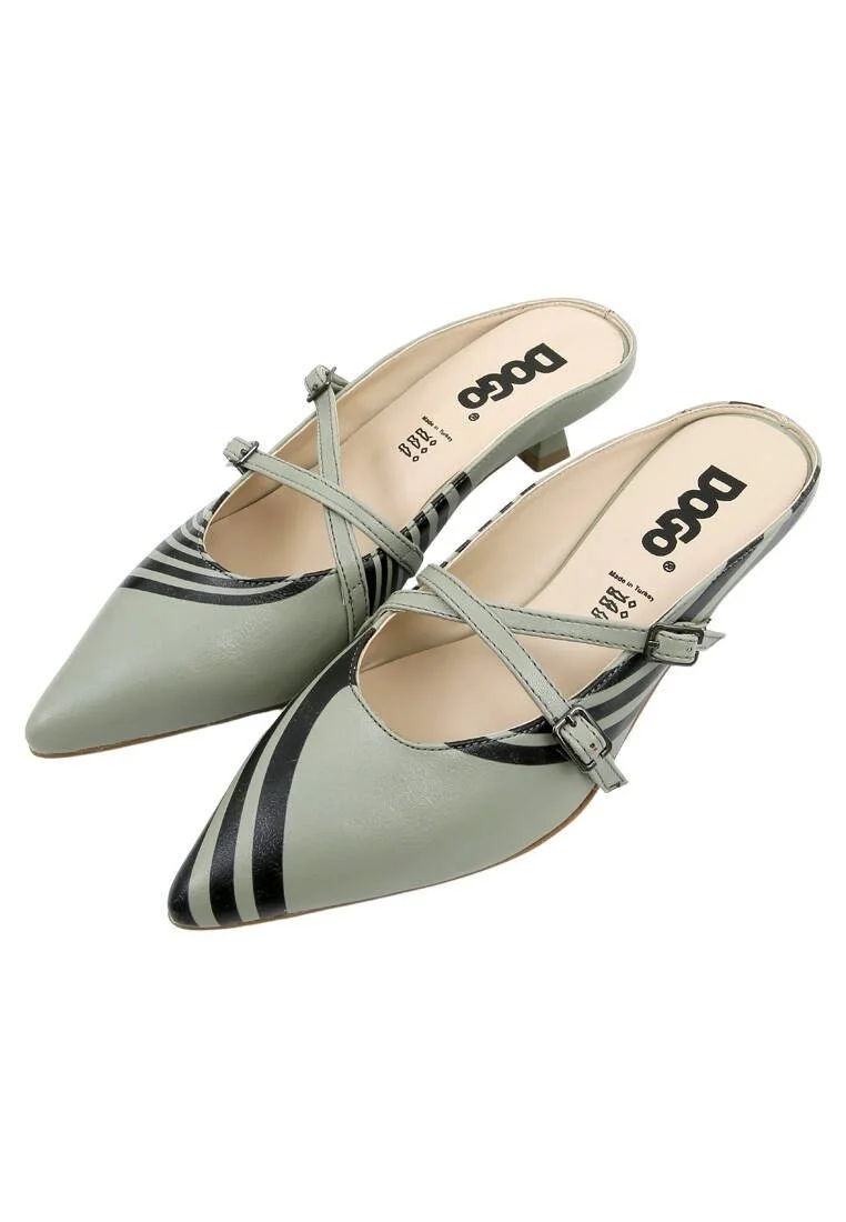 Women Vegan Leather Green Heeled Sandals - Zig Zag Design