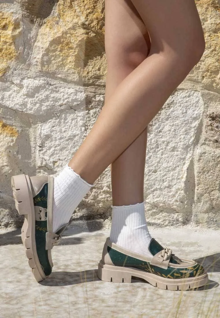 Women Vegan Leather Green Loafers - I Do What I Want Design