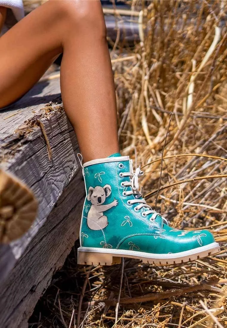 Women Vegan Leather Green Long Boots - Koala Hug Design