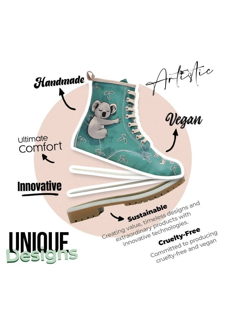 Women Vegan Leather Green Long Boots - Koala Hug Design