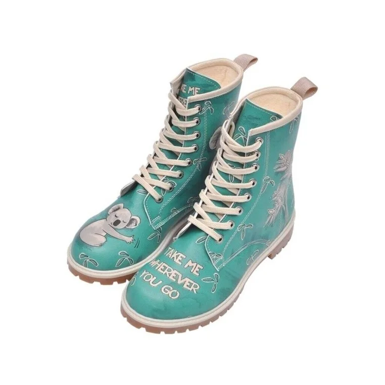 Women Vegan Leather Green Long Boots - Koala Hug Design