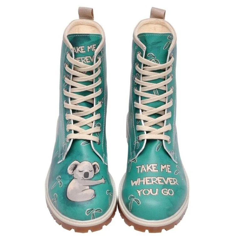 Women Vegan Leather Green Long Boots - Koala Hug Design