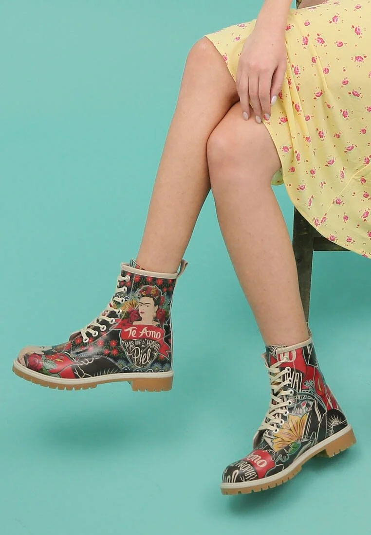 Women Vegan Leather Green Long Boots - Te Amo Frida Kahlo Design