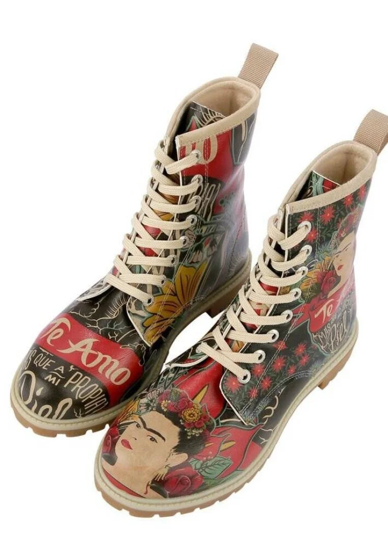 Women Vegan Leather Green Long Boots - Te Amo Frida Kahlo Design