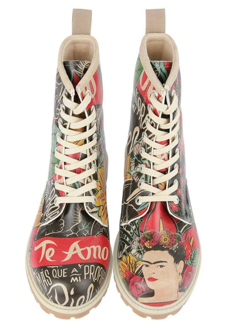 Women Vegan Leather Green Long Boots - Te Amo Frida Kahlo Design