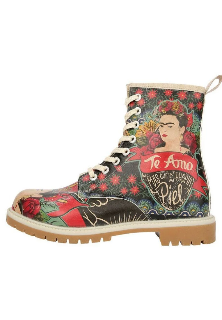 Women Vegan Leather Green Long Boots - Te Amo Frida Kahlo Design