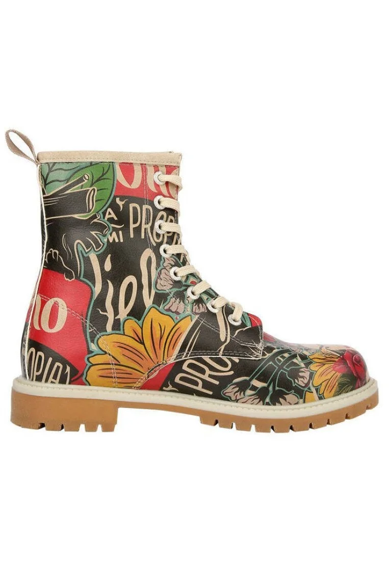 Women Vegan Leather Green Long Boots - Te Amo Frida Kahlo Design