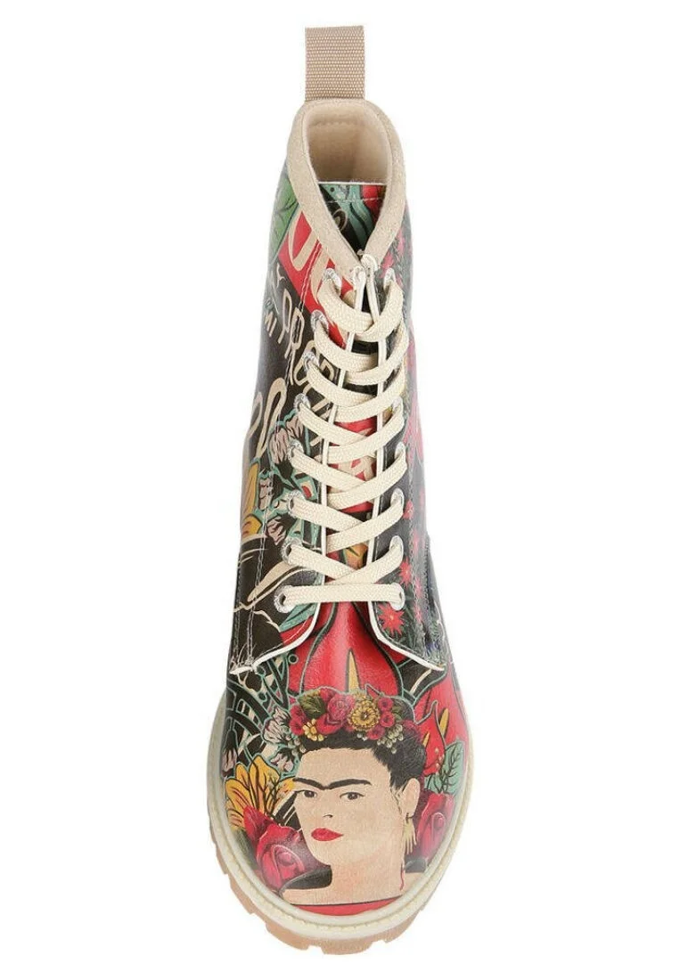 Women Vegan Leather Green Long Boots - Te Amo Frida Kahlo Design