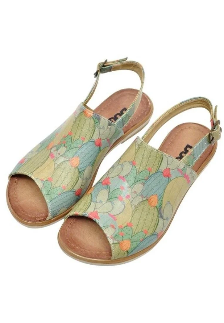 Women Vegan Leather Green Sandals - Cactus Design