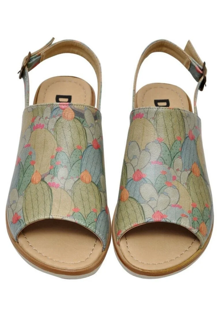 Women Vegan Leather Green Sandals - Cactus Design