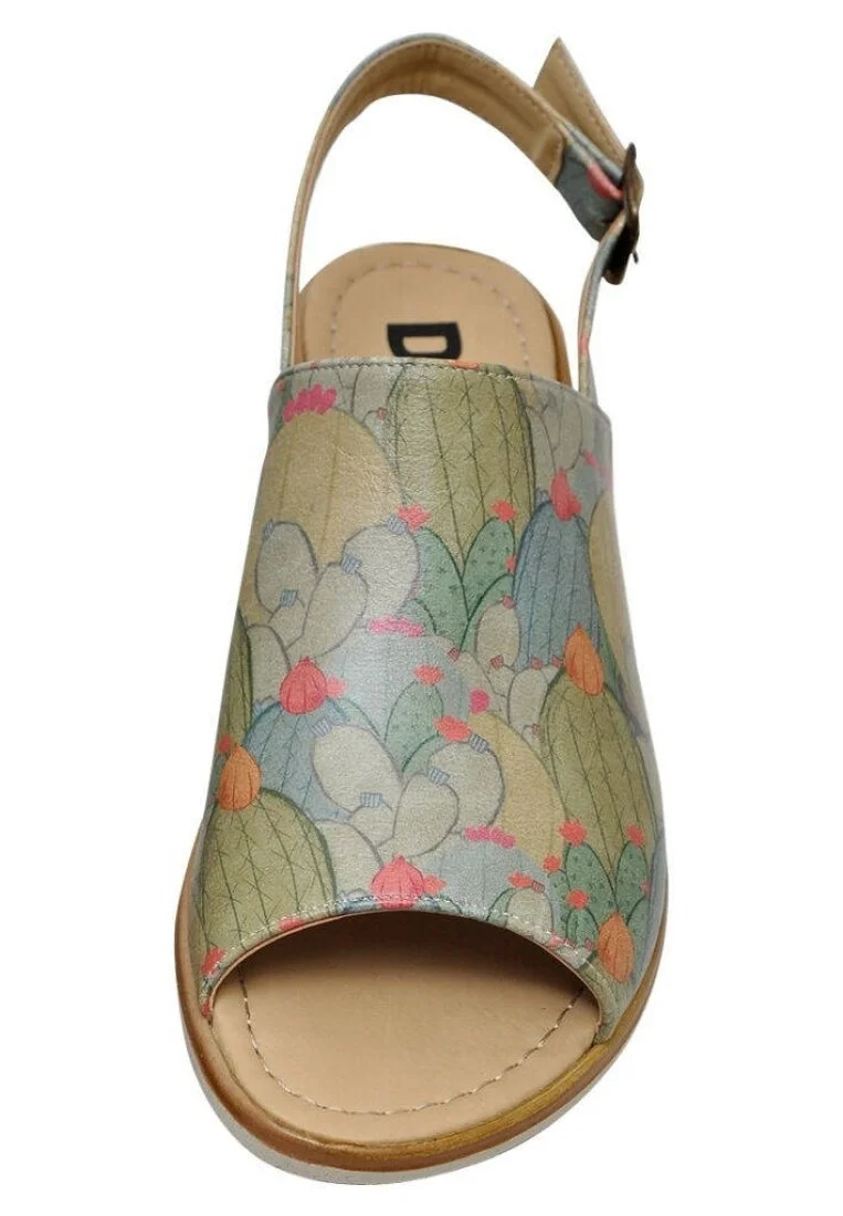 Women Vegan Leather Green Sandals - Cactus Design