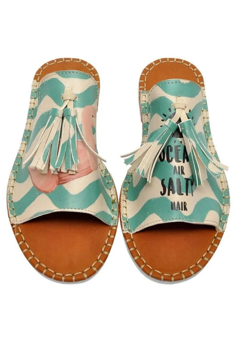 Women Vegan Leather Green Slippers - Summer Air Design