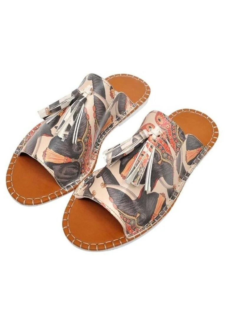 Women Vegan Leather Green Slippers - Elephant Design