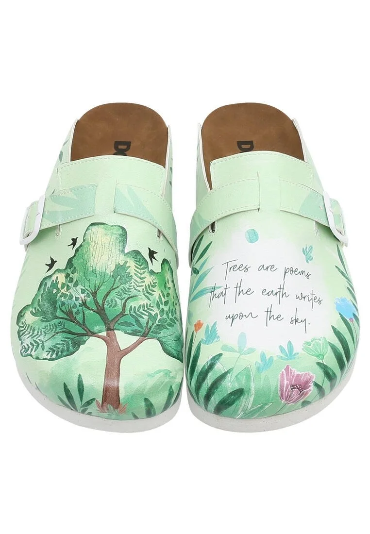 Women Vegan Leather Green Slippers - Trees are Poems Design