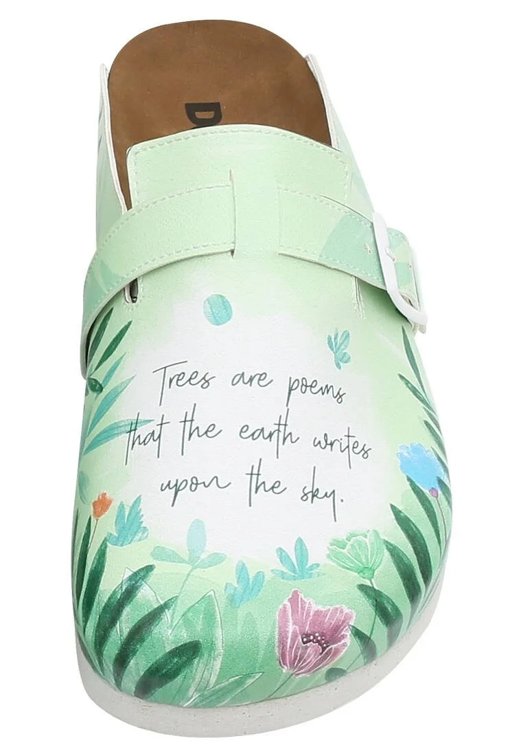 Women Vegan Leather Green Slippers - Trees are Poems Design
