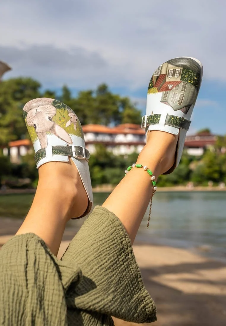 Women Vegan Leather Green Slippers - Going on an Adventure Design