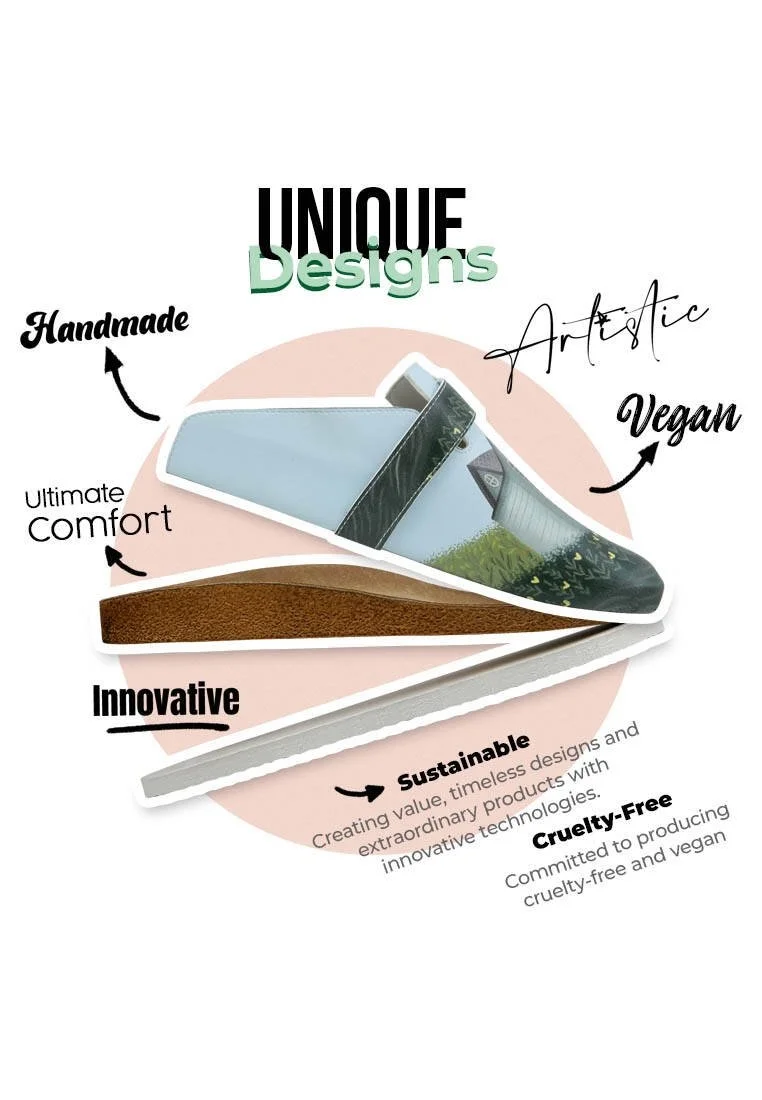 Women Vegan Leather Green Slippers - Going on an Adventure Design