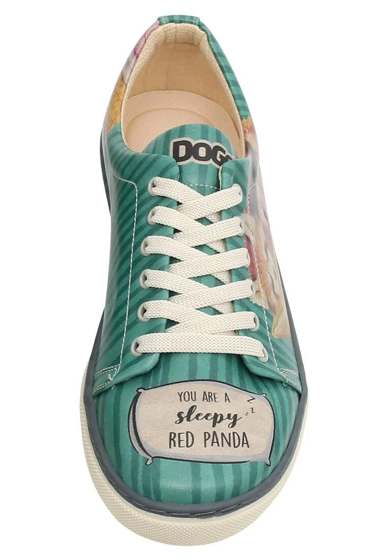 Women Vegan Leather Green Sneakers - You are a Sleepy Red Panda Design