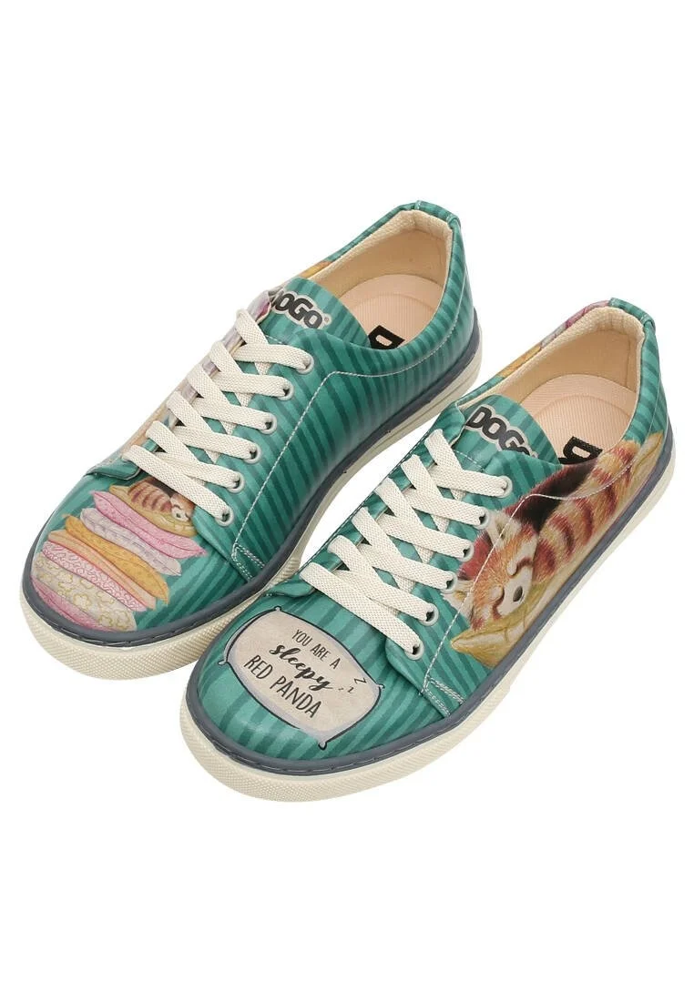 Women Vegan Leather Green Sneakers - You are a Sleepy Red Panda Design