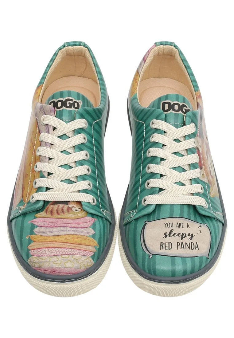 Women Vegan Leather Green Sneakers - You are a Sleepy Red Panda Design