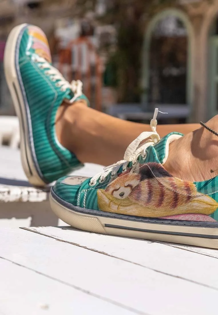 Women Vegan Leather Green Sneakers - You are a Sleepy Red Panda Design