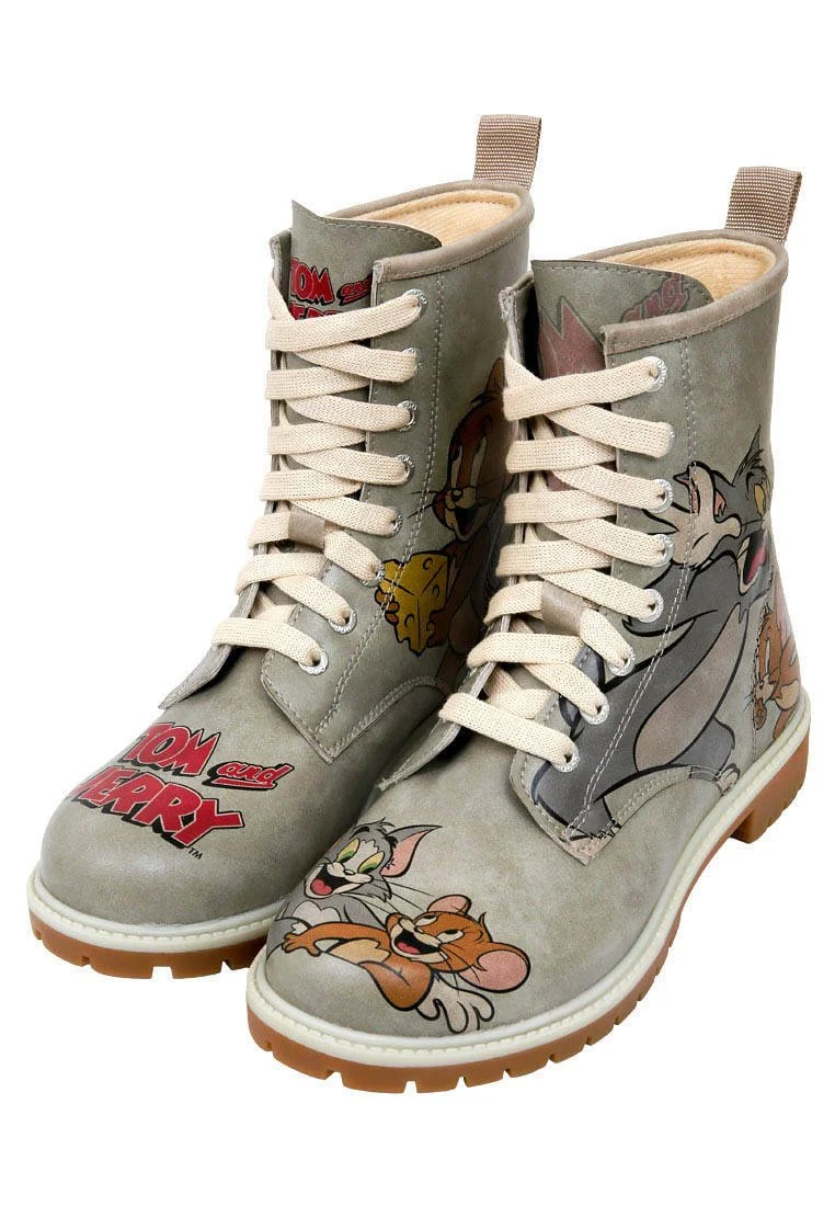 Women Vegan Leather Grey Long Boots - Warner Bros Looney Tunes Tom ve Jerry Tiny Trouble Design