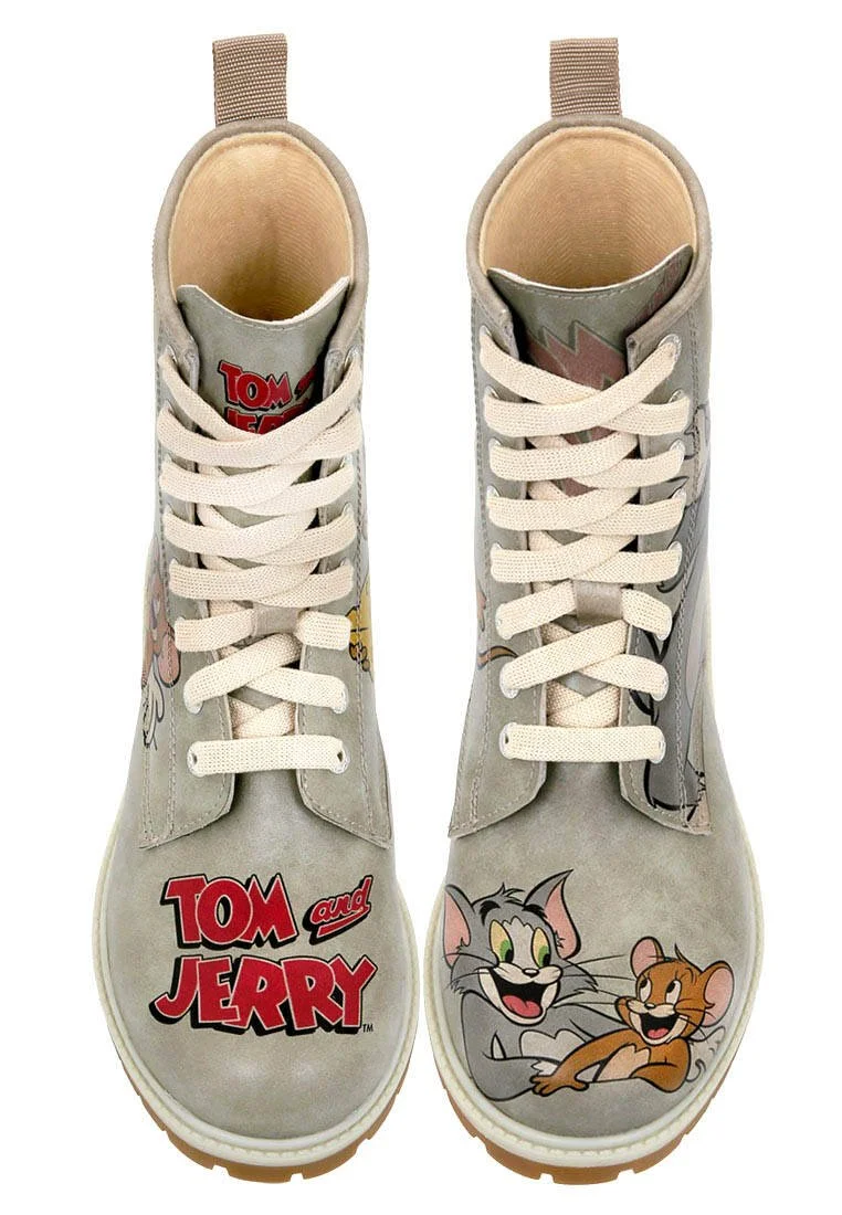 Women Vegan Leather Grey Long Boots - Warner Bros Looney Tunes Tom ve Jerry Tiny Trouble Design