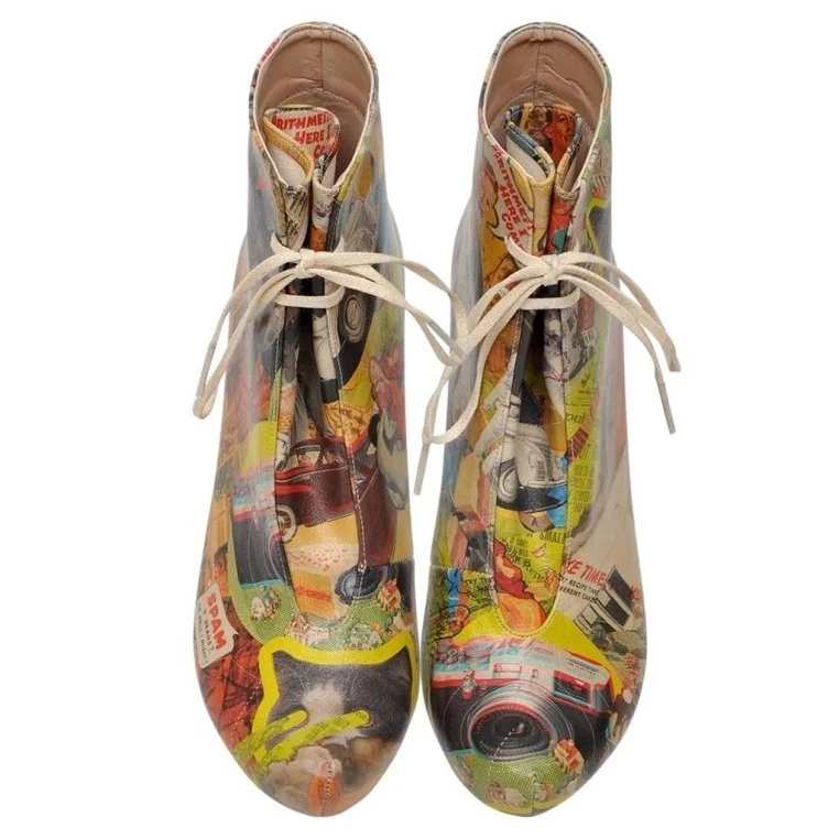 Women Vegan Leather Multicolor High Heel Boots - Collage Design