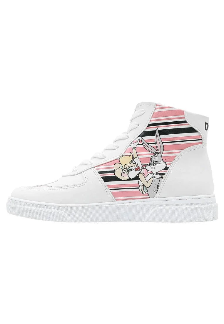 Women Vegan Leather White High Top Sneakers - Warner Bros Love is Pure Bugs Bunny Design