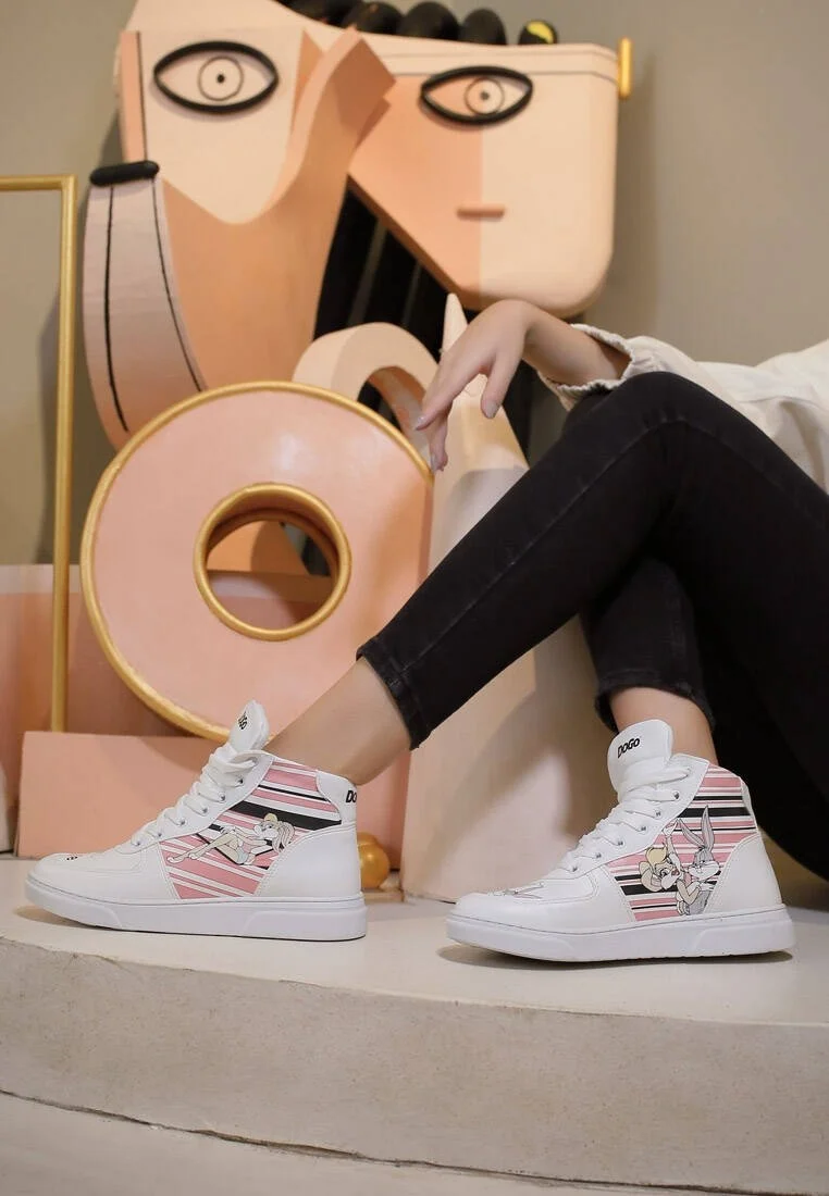 Women Vegan Leather White High Top Sneakers - Warner Bros Love is Pure Bugs Bunny Design