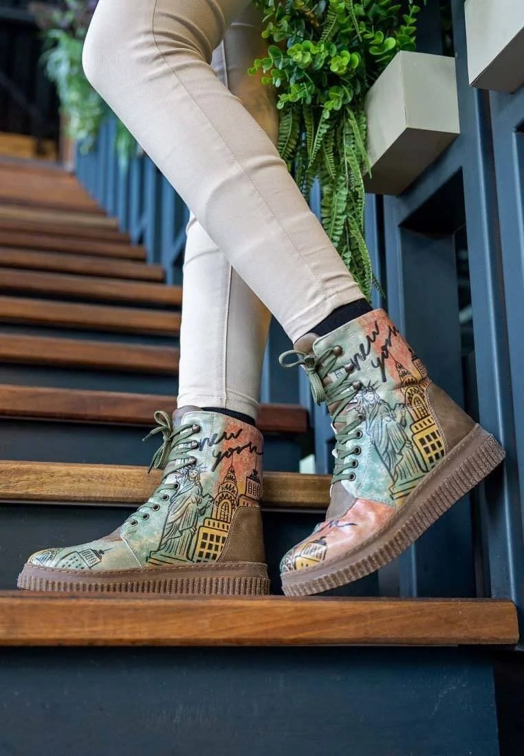 Women Vegan Leather Khaki Long Boots - New York Design