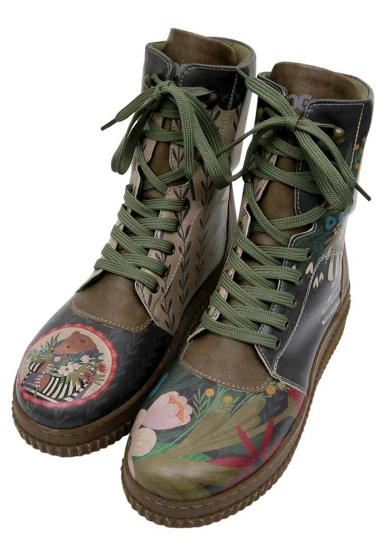 Women Vegan Leather Khaki Long Boots - Bear and Flowers Design